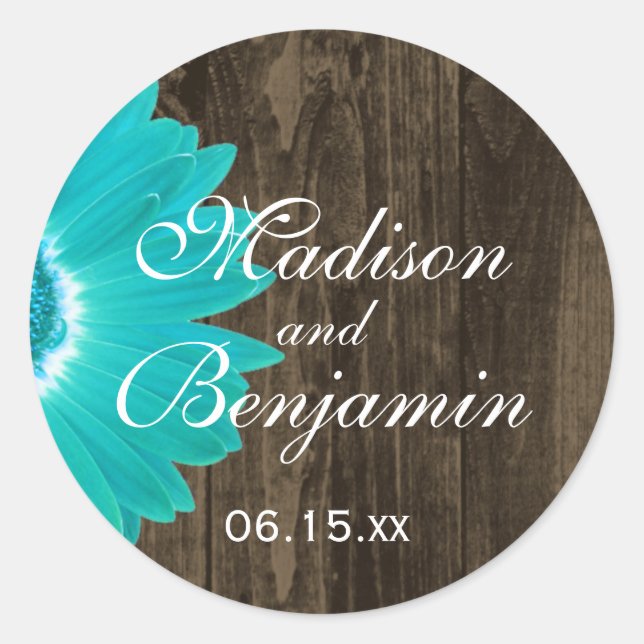 Rustic Wood Teal Daisy Wedding Favour Stickers (Front)