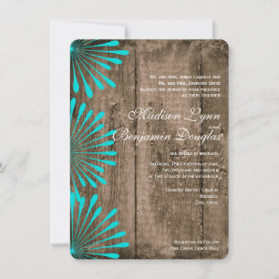 Rustic Wood Teal Flowers Wedding Invitations