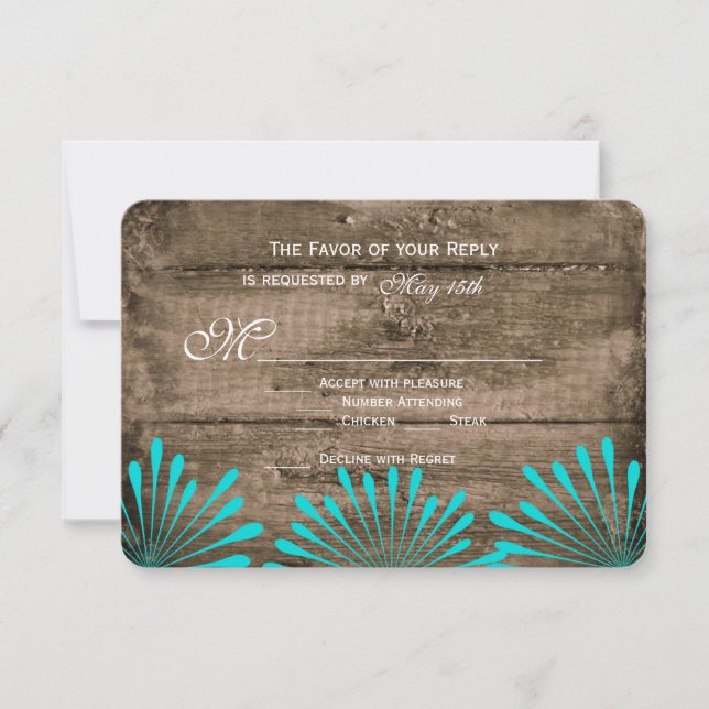 Rustic Wood Teal Flowers Wedding RSVP Cards (Front)