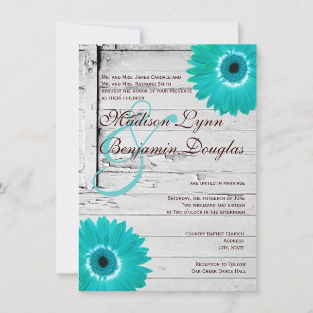 Rustic Wood Teal Gerber Daisy Wedding Invitations (Front)