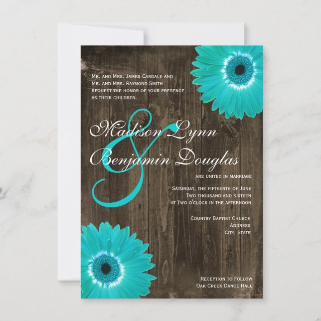 Rustic Wood Teal Gerber Daisy Wedding Invitations (Front)