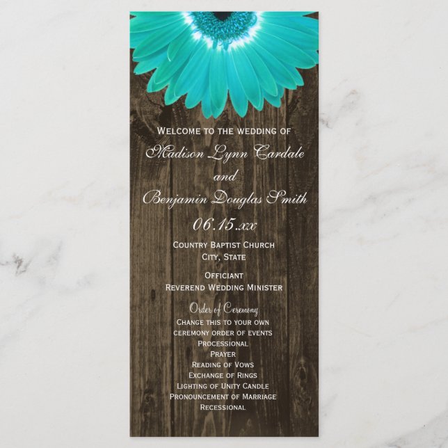 Rustic Wood Teal Gerber Daisy Wedding Programs (Front)