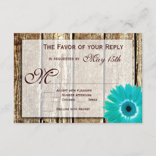 Rustic Wood Teal Gerber Daisy Wedding RSVP Cards