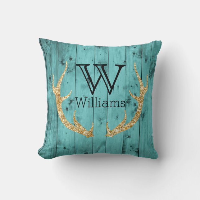Rustic Wood Teal Gold Glitter Deer Antler Monogram Throw Pillow (Front)