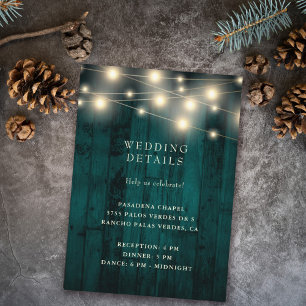 Rustic Wood Teal String Lights Wedding Reception Enclosure Card