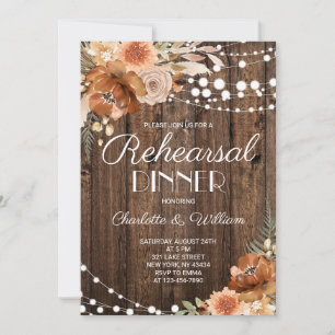 Rustic Wood Terracotta Floral Rehearsal Dinner Invitation