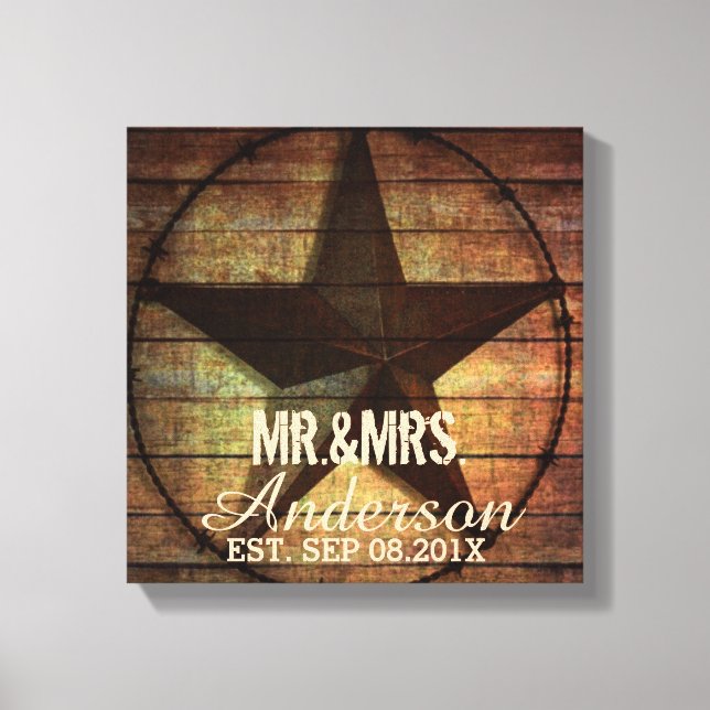 rustic wood texas star western wedding mr and mrs canvas print (Front)