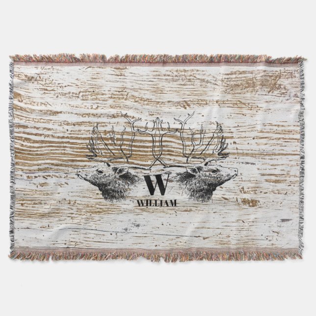 Rustic Wood Texture Deer Forest Monogram Throw Blanket (Front)