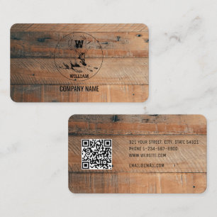 Rustic Wood Texture & Deer Monogram QR Code  Business Card