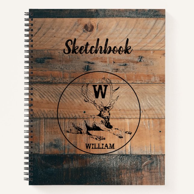 Rustic Wood Texture & Deer Monogram Sketchbook Notebook (Front)