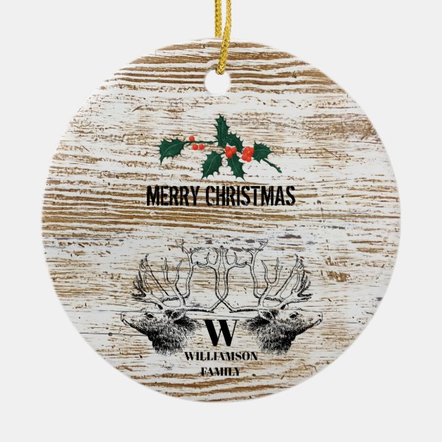 Rustic Wood Texture Deer Woodland Christmas Ceramic Ornament (Front)