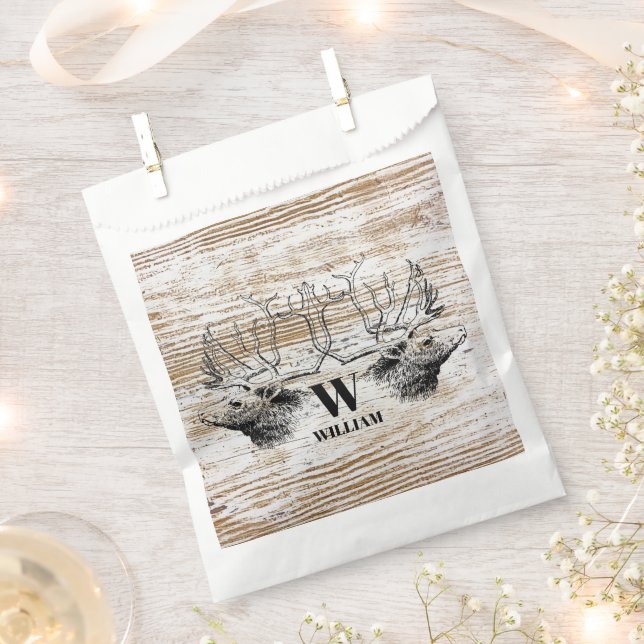 Rustic Wood Texture Deer Woodland Monogram  Favour Bag (Clipped)
