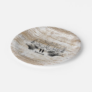 Rustic Wood Texture Deer Woodland Monogram Paper Plate