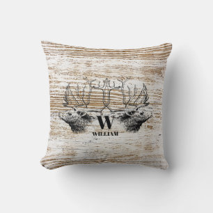 Rustic Wood Texture Deer Woodland Monogram Throw Pillow