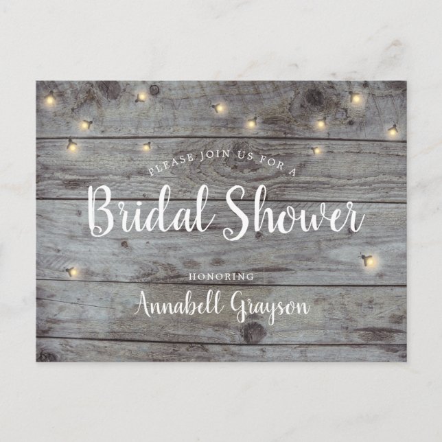 Rustic Wood Texture Fireflies Bridal Shower Invitation Postcard (Front)