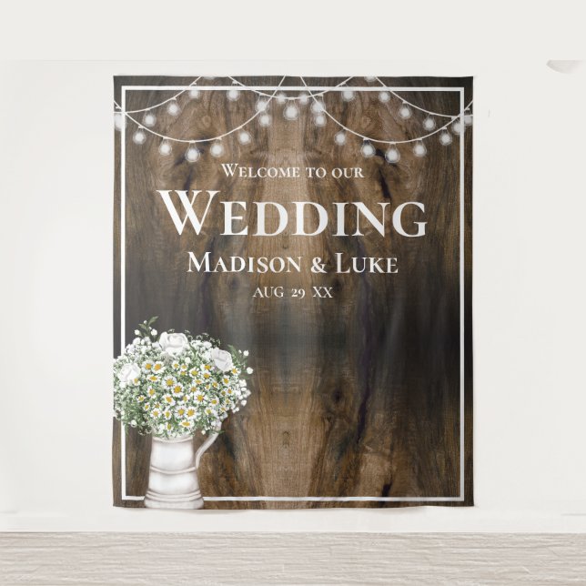 Rustic Wood Texture Floral Lights Welcome Wedding Tapestry (Front)