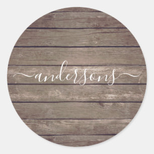 Rustic Wood Texture Personalized Signature Script Classic Round Sticker