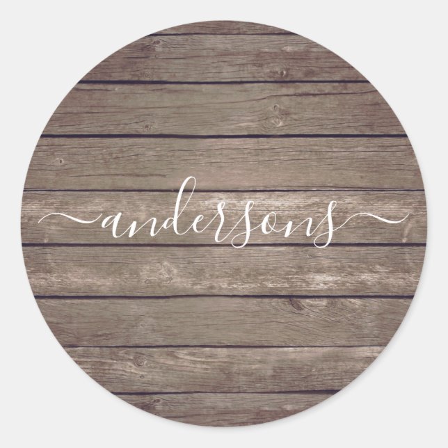 Rustic Wood Texture Personalized Signature Script Classic Round Sticker (Front)