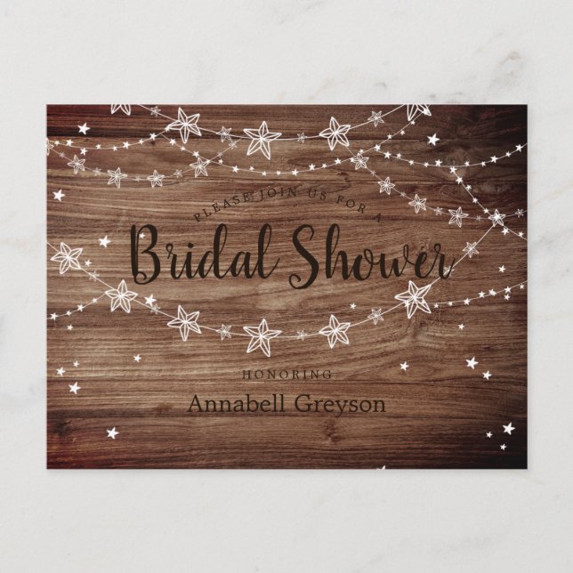 Rustic Wood Texture String Stars Bridal Shower Invitation Postcard (Front)