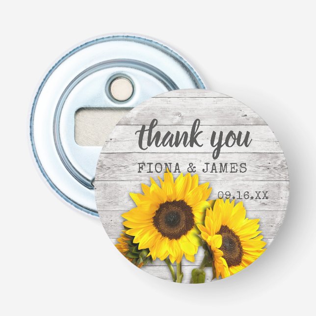 Rustic Wood Texture Sunflower Wedding Thank You Bottle Opener (Front)