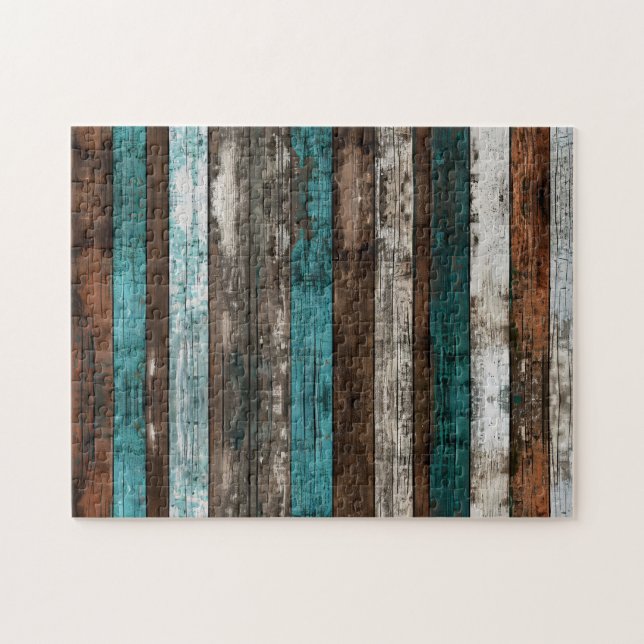 Rustic Wood Texture Teal and Brown Boards Jigsaw Puzzle (Horizontal)