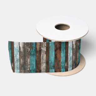 Rustic Wood Texture Teal and Brown Boards Satin Ribbon