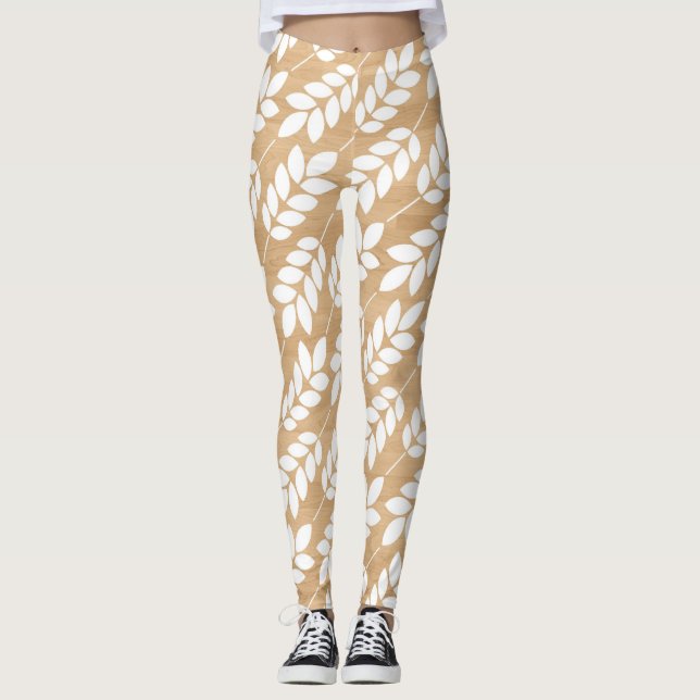 Rustic Wood Texture with White Foliage Pattern Leggings (Front)