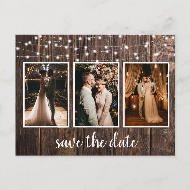 Rustic Wood Three Photo Lights Save the Date  Postcard (Front)