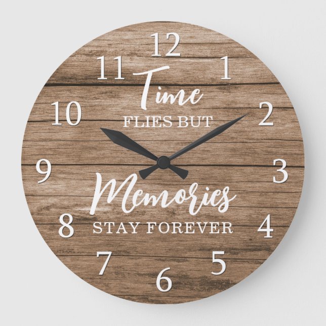 Rustic Wood Time Memories Quote Typography  Large Clock (Front)