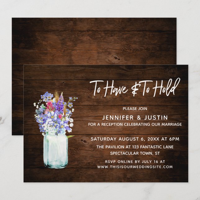 Rustic Wood To Have & To Hold Wildflower Mason Jar Invitation (Front/Back)