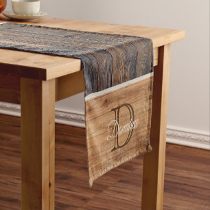Rustic Wood Tone Brown Stripe Monogram Short Table Runner