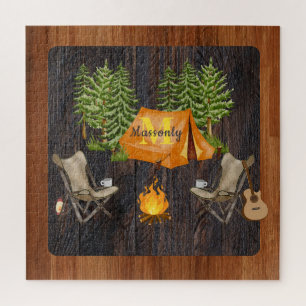 Rustic Wood tone Camping Monogram  Jigsaw Puzzle