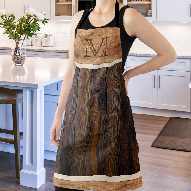Rustic Wood Tone Classic Monogram Apron (Creator Uploaded)