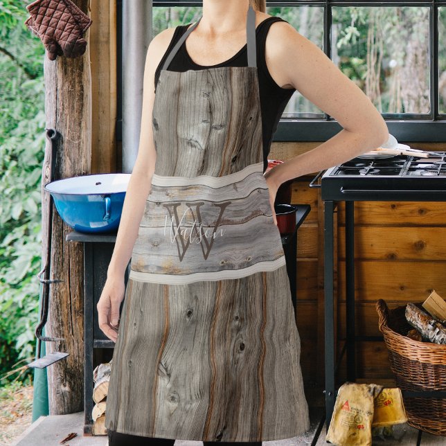 Rustic Wood Tone Grey Monogram Stripe Horizontal Apron (Creator Uploaded)