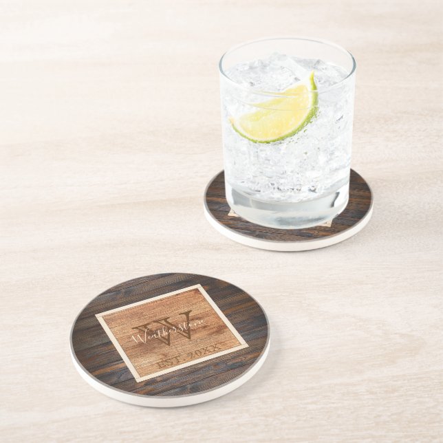 Rustic Wood Tone Monogram Design Sandstone Coaster (Side)