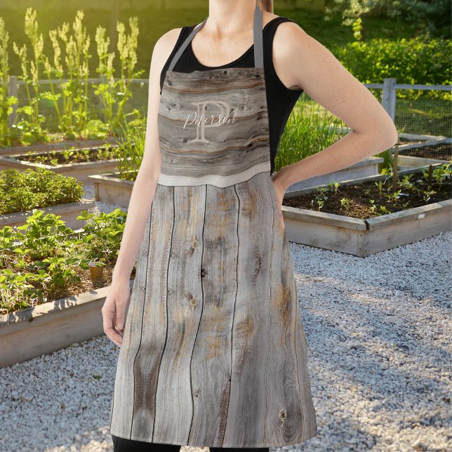 Rustic Wood Tone Monogram Grey Apron (Creator Uploaded)