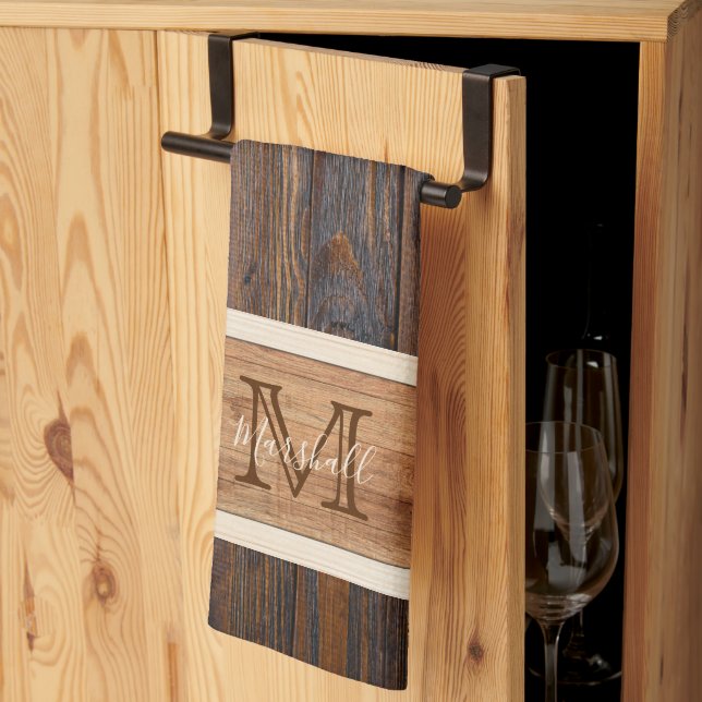 Rustic Wood Tone Monogram Horizontal Stripe Kitchen Towel (Thirds Fold)