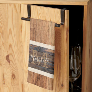 Rustic Wood Tone Monogram Horizontal Stripe Tan Kitchen Towel