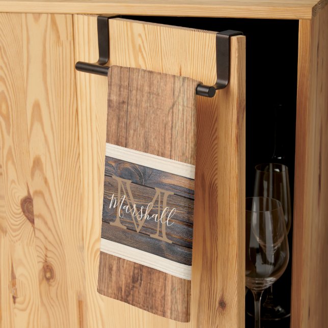 Rustic Wood Tone Monogram Horizontal Stripe Tan Kitchen Towel (Thirds Fold)