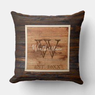 Rustic Wood Tone Monogram Square Design Throw Pillow