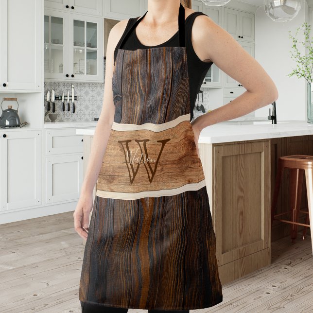 Rustic Wood Tone Monogram Stripe Horizontal Apron (Creator Uploaded)