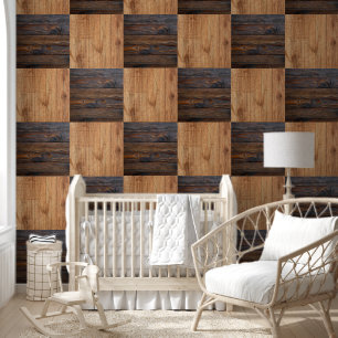 Rustic Wood Tone Square Chequered Wallpaper