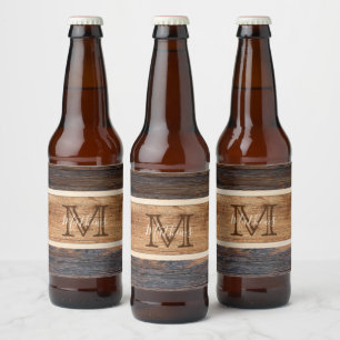 Rustic Wood Tone Stripe Monogram Beer Bottle Label