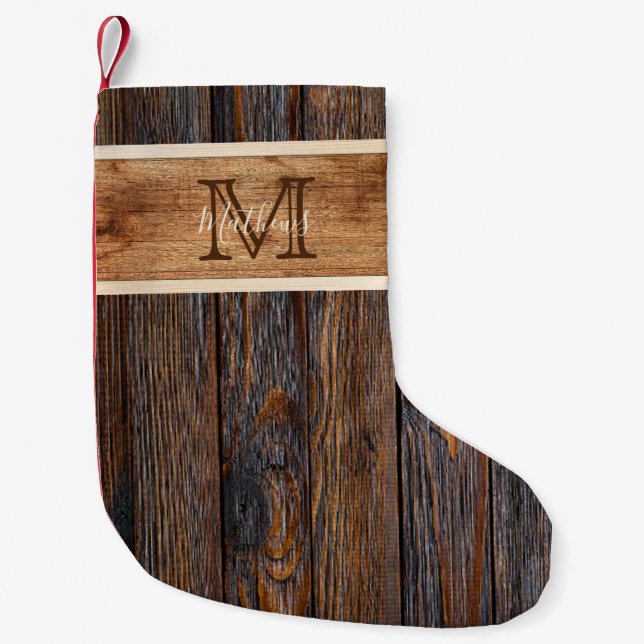 Rustic Wood Tone Stripe Monogram Small Christmas Stocking (Front)