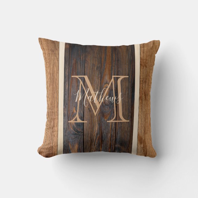Rustic Wood Tones Monogram Stripe Throw Pillow (Front)