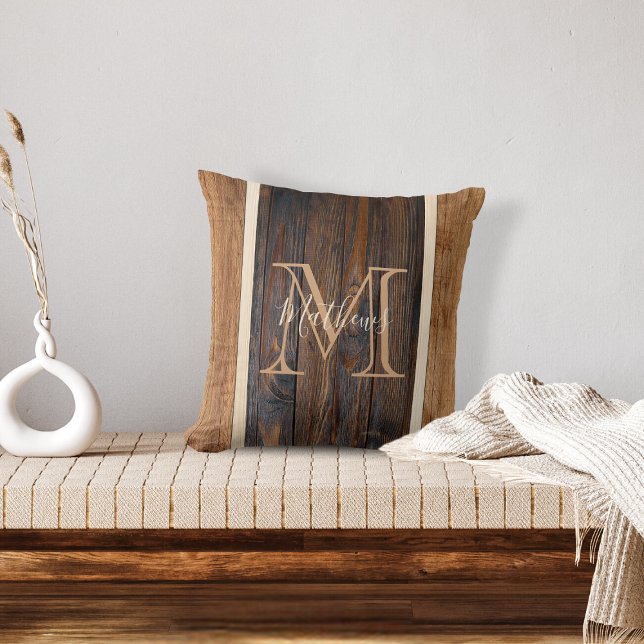 Rustic Wood Tones Stripe Monogram Throw Pillow (Creator Uploaded)