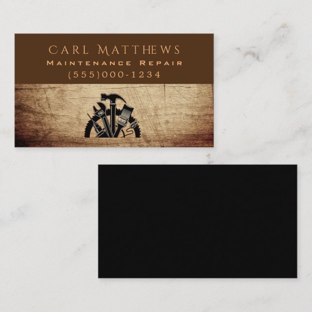 Rustic Wood Tool Design Maintenance Repair Service Business Card (Front/Back)