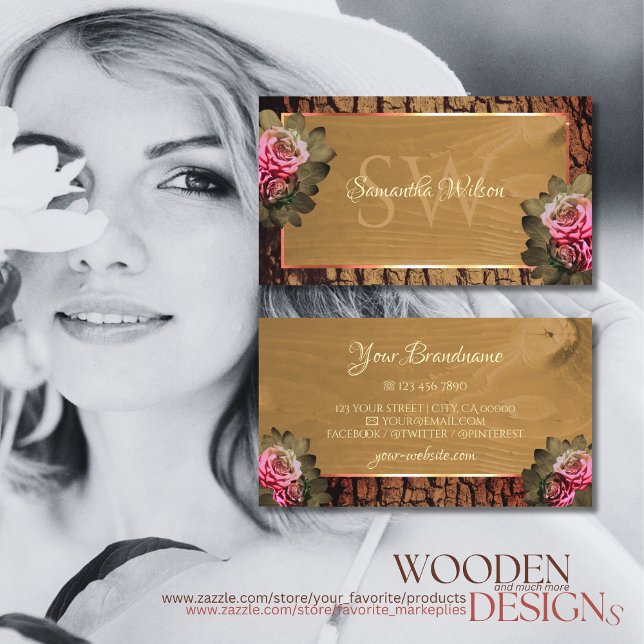 Rustic Wood Tree Bark Blooming Pink Roses Monogram Business Card (Creator Uploaded)