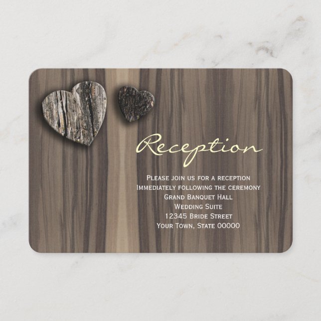 Rustic Wood Tree Bark Heart Reception Info Card (Front)