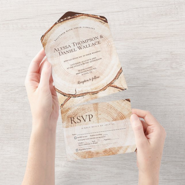 Rustic wood Tree bark rings Unique Wedding All In One Invitation (Tearaway)